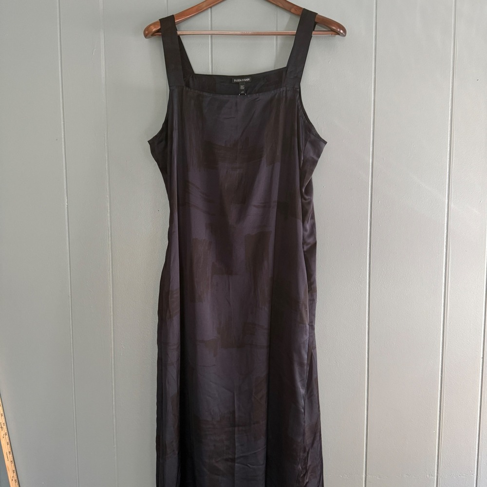 Eileen Fisher NWT L Square Neck Tank Dress Ink Blue Black Silk Quiet Luxury Midi